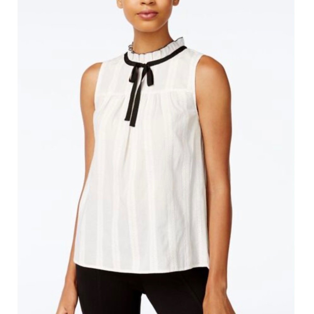 kensie Sleeveless Ruffle Trim Embroidered Stripes Babydoll Top White Large EUC